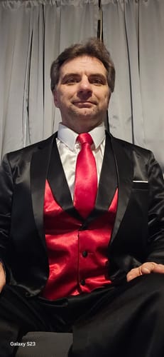 Customer photo review of Ties2you Work Vest Lava Red Solid Shawl Collar Silk Mens Dress Vest Tie Set