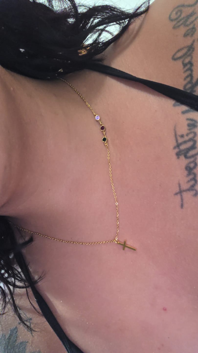 Customer photo review of Dainty Cross and Birthstone Necklace