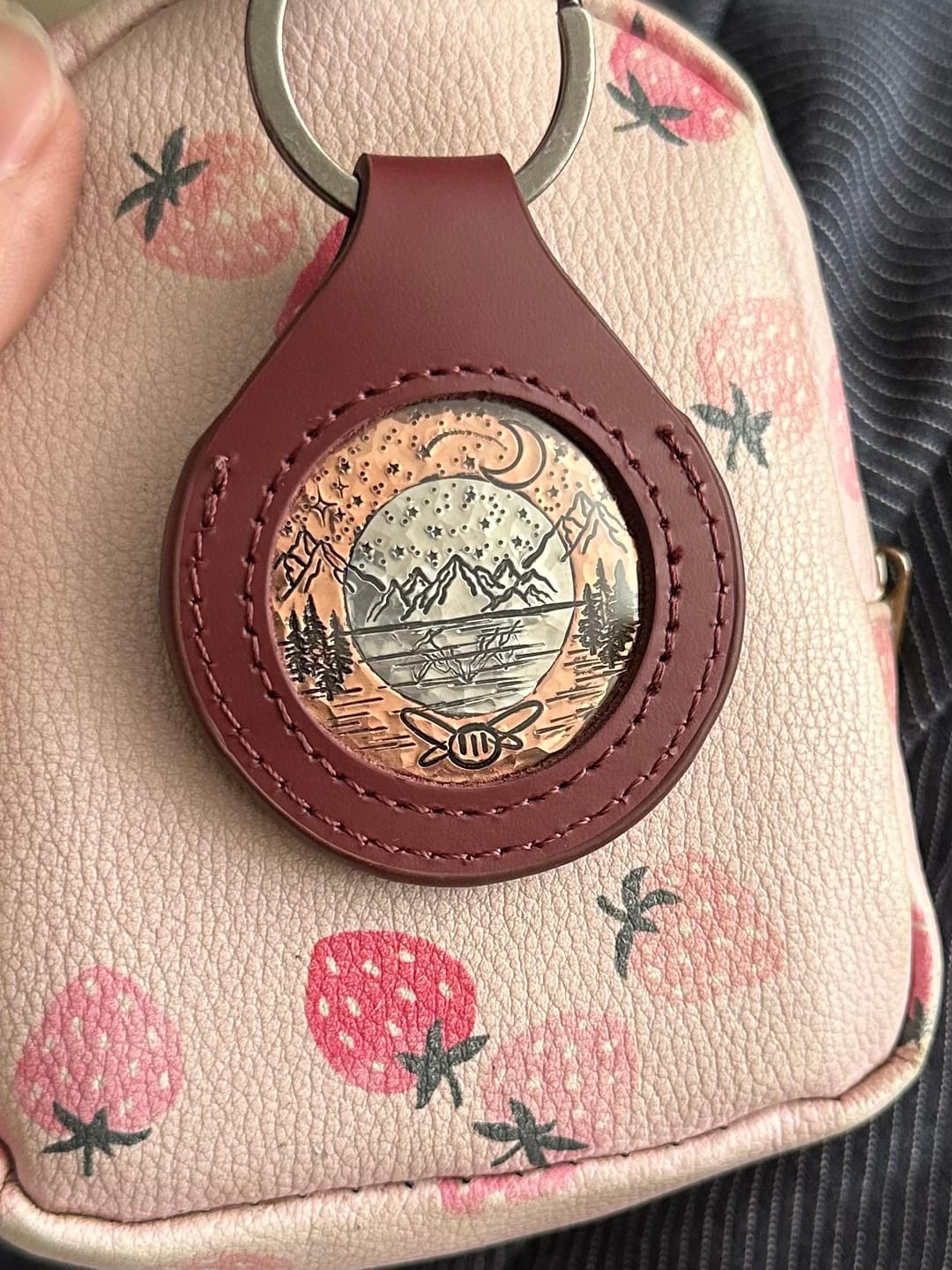 Customer photo review of Sobriety Mint Genuine Leather 34mm AA Medallion Keychain Holder - Recovery Chip/Coin/Token Holder - Dark Red