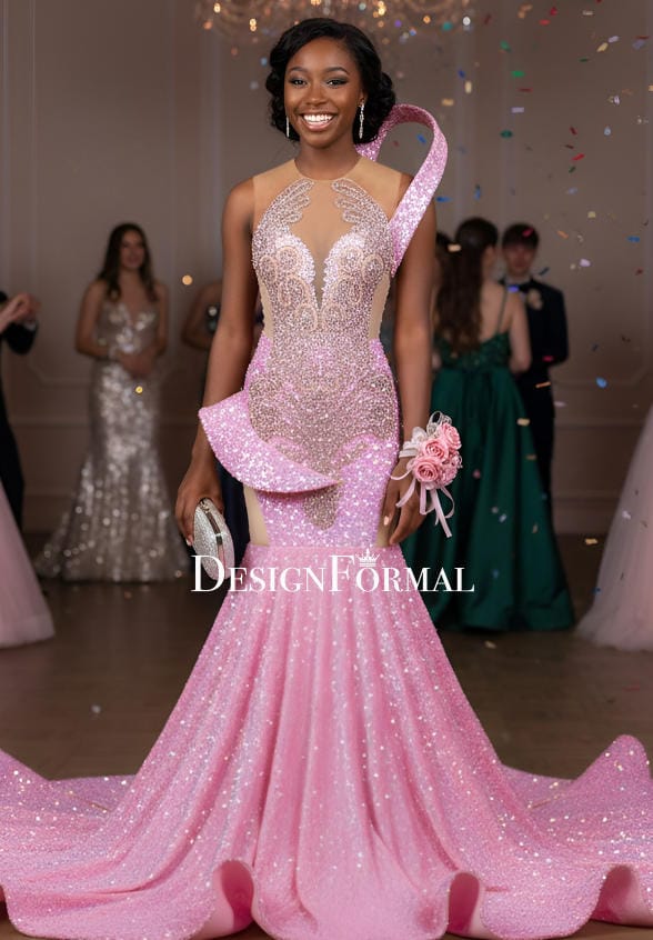 Customer photo review of Sparkly Pink Sequin Rhinestone Shoulder Panel Prom Dress