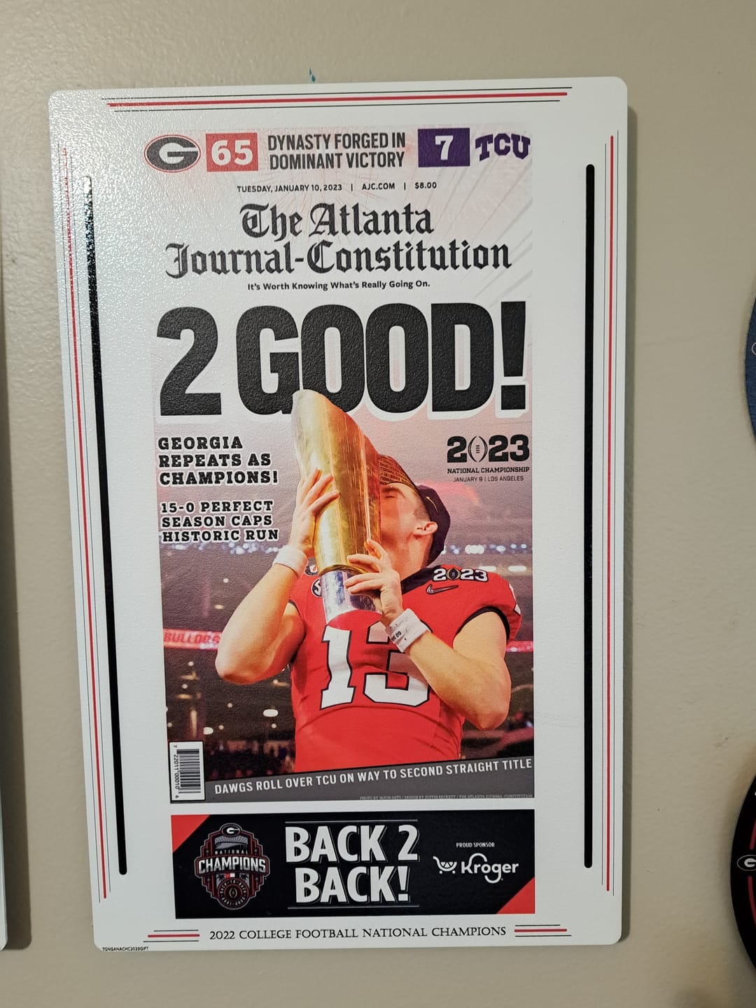 Customer photo review of Atlanta Journal Constitution Georgia Bulldogs 2023 Football National Champions Front Page - JAN 10, 2023