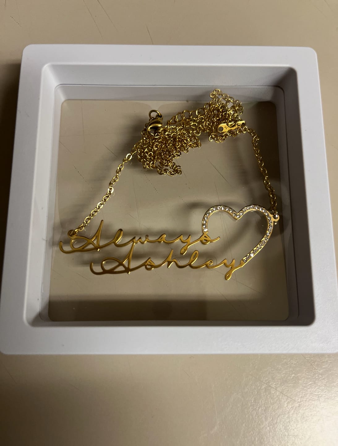 Customer photo review of Iced Heart Double Script Name Necklace