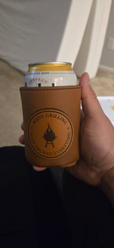 Customer photo review of Custom Leather Koozies Can Cooler Sleeves Neoprene Authentic Leather Patch