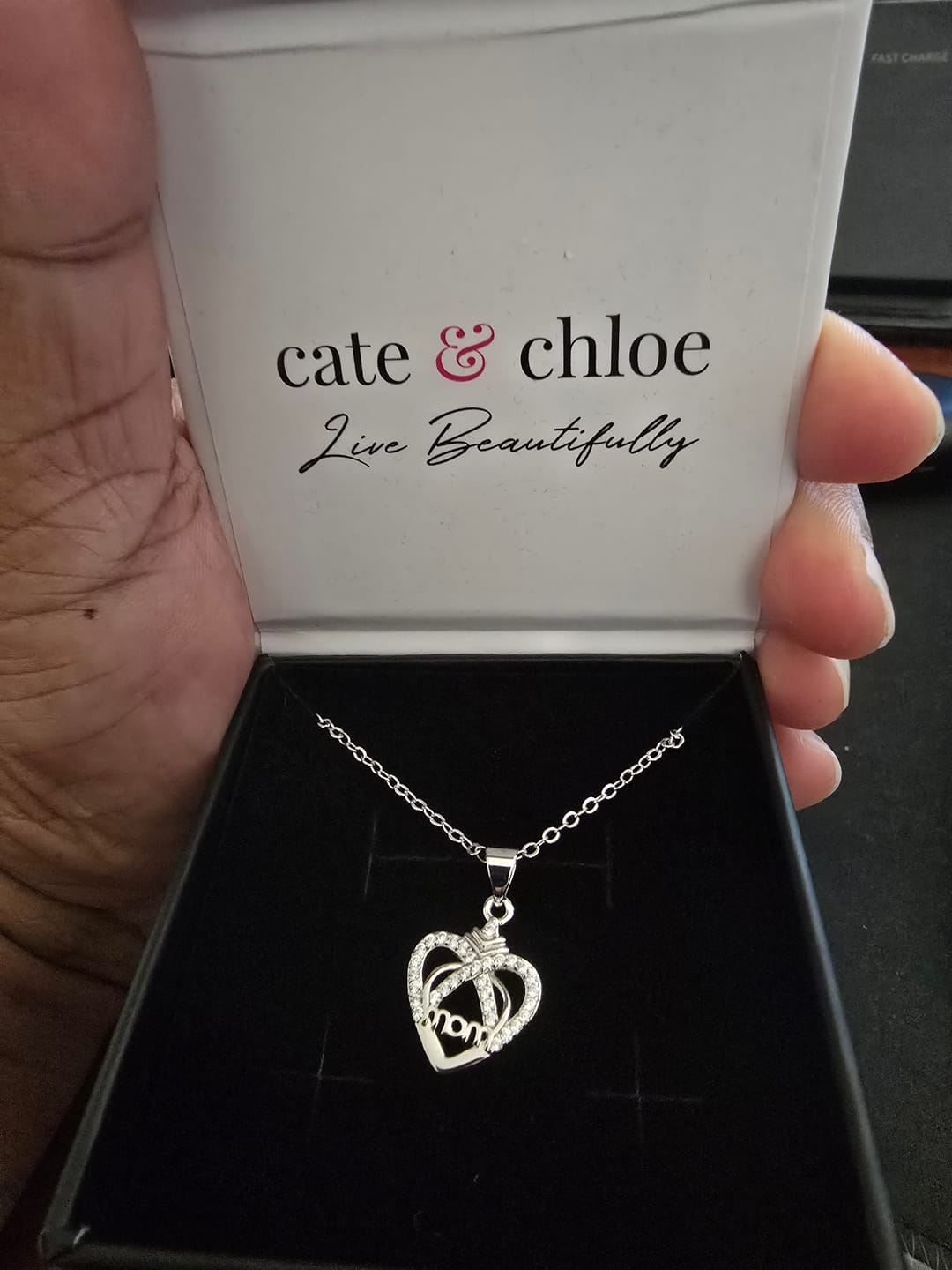 Customer photo review of Jenna 18k White Gold Plated Mom Heart Necklace with Simulated Diamond Crystals
