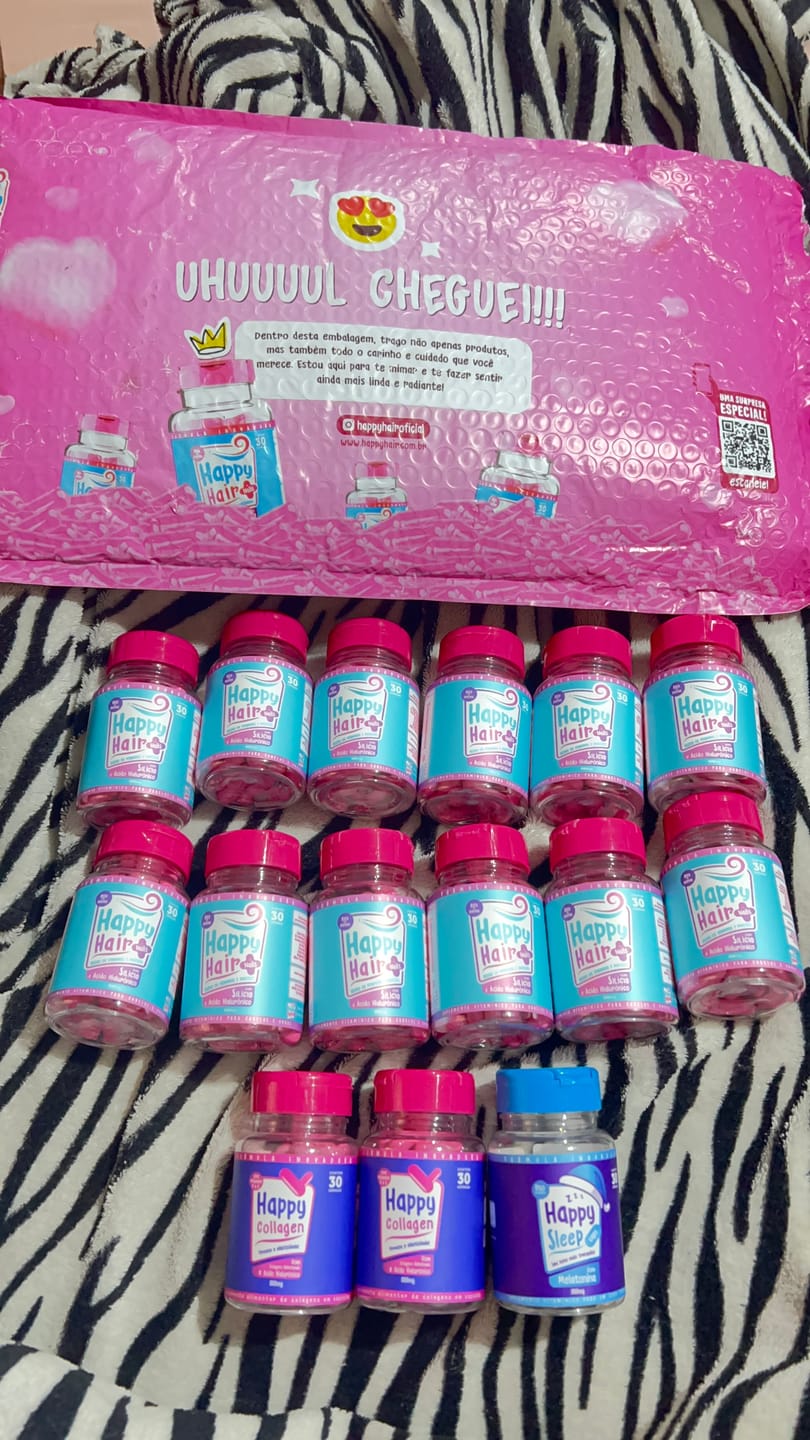 Customer photo review of Happy Hair 6 Potes + 6 Potes Grátis + 2 Colágenos + 1 Melatonina (Total 15 Potes)