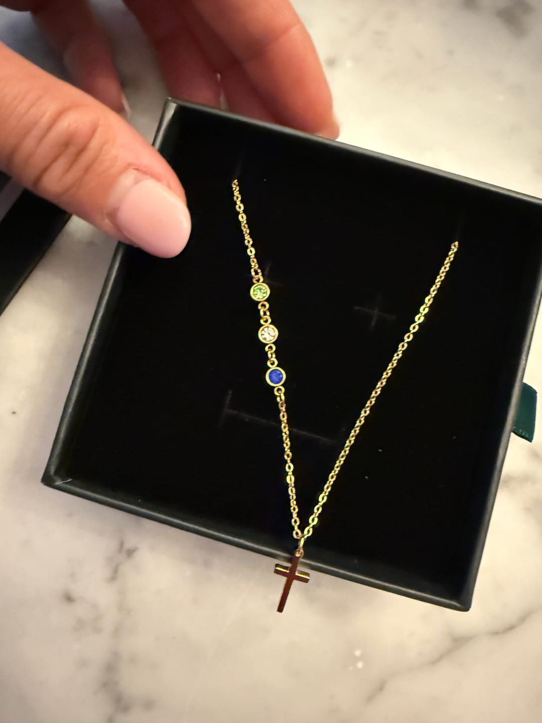 Customer photo review of Dainty Cross and Birthstone Necklace