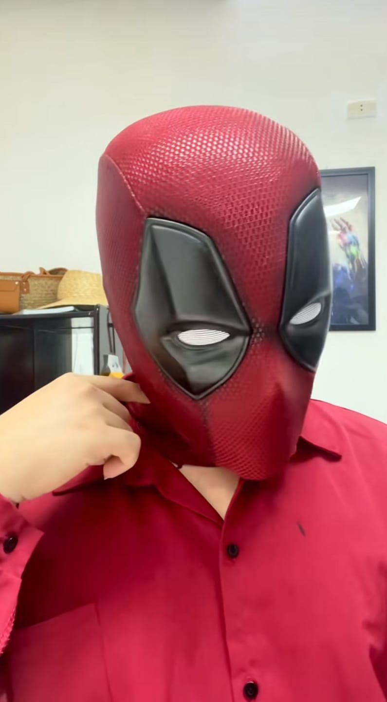 Customer photo review of Breathable Deadpool Full Head Cosplay Mask for Adults - 2025 Halloween Costume Accessory, Red and Black Latex Design