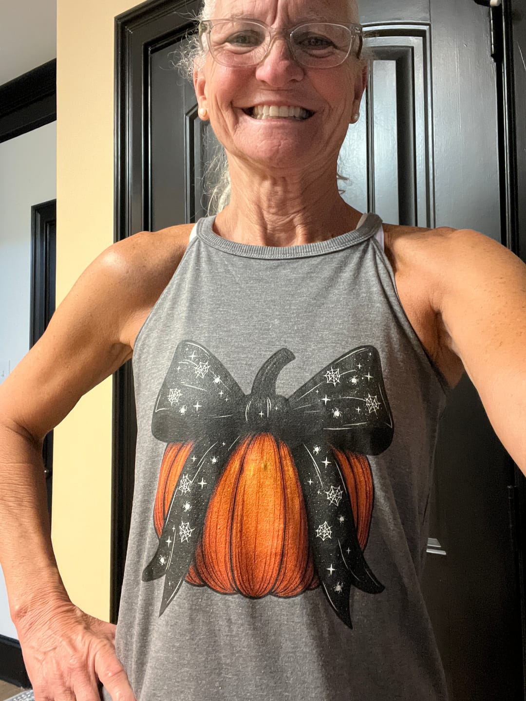 Customer photo review of Pumpkin Bow Rocker Tank