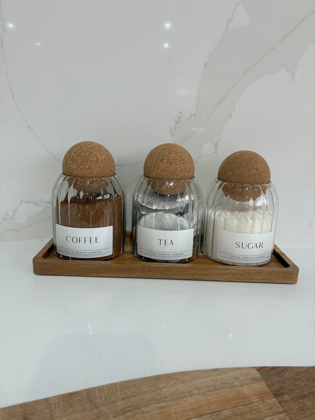 Customer photo review of Set of 3 Ribbed Cork Ball Glass Jars - Tea, Coffee and Sugar 500ml with Long Tray