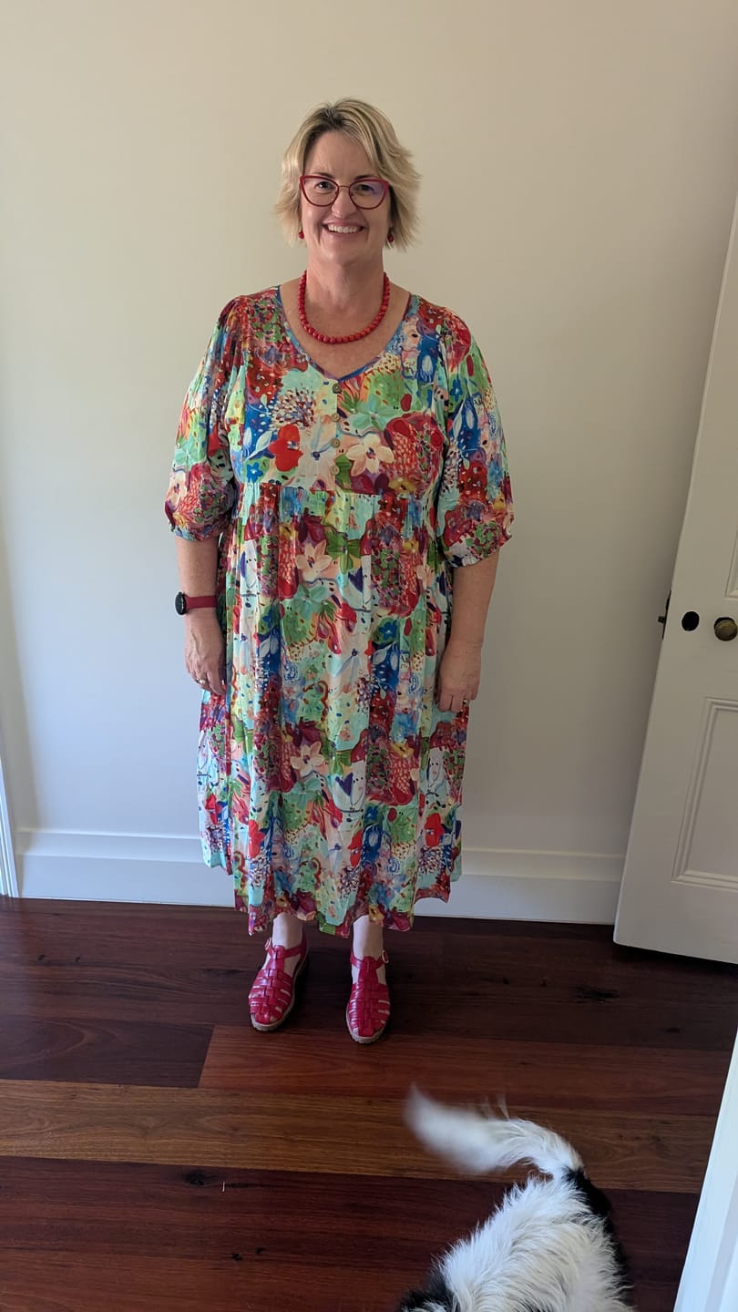 Customer photo review of Zandra Midi Dress in Red Multi