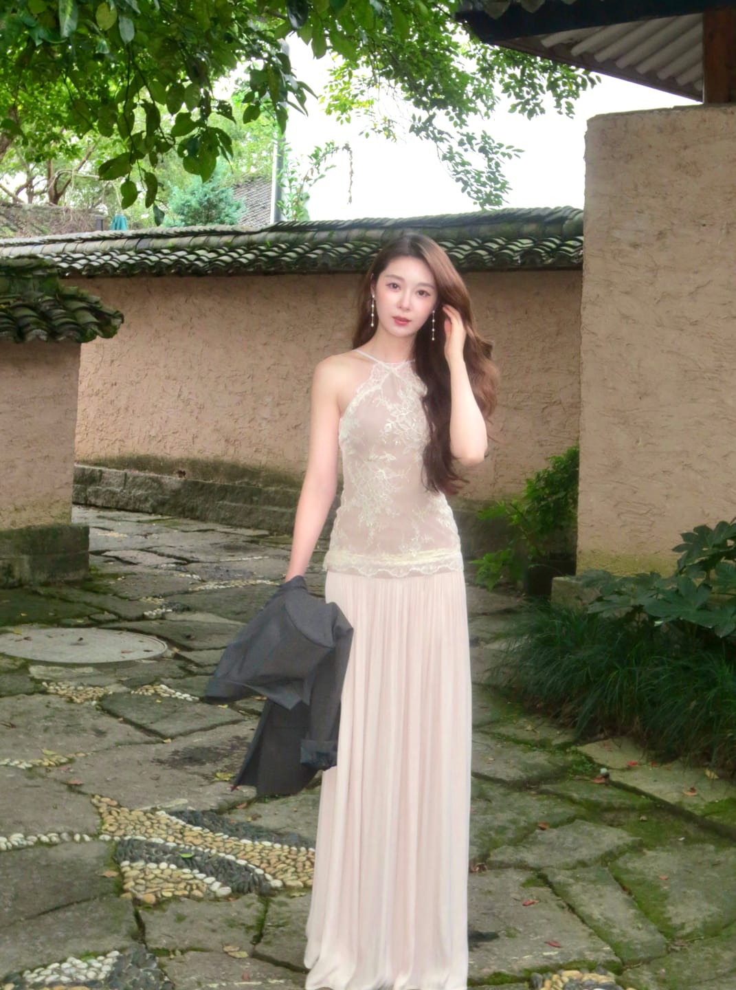 Customer photo review of ROVENTE Embroidered Lace Halter Dress With Gathered Hem