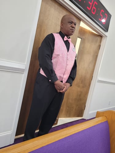 Customer photo review of Pink Paisley Men's V-Neck Vest Bowtie Hanky Cufflinks Set Waistcoat Suit Set