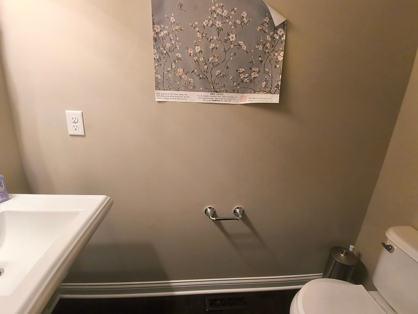 Customer photo review of Muted Green Chinoiserie Wallpaper with White Cherry Blossoms and Birds Tree Branches Removable Wall Mural