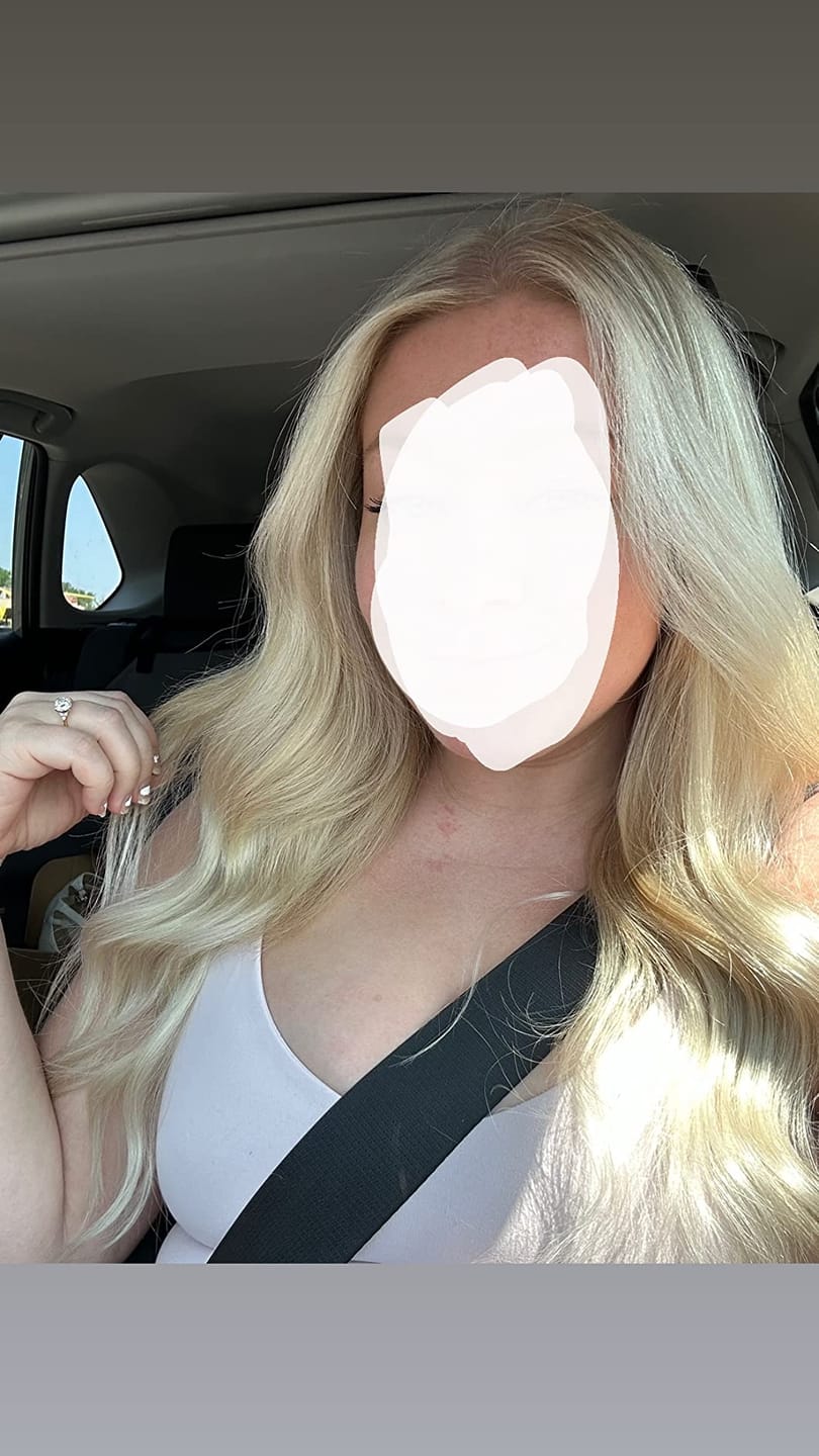 Customer photo review of Seamless Tape in Hair Extensions Best Virgin Hair Lightest Blonde #60