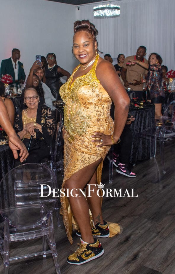 Customer photo review of Gold Rhinestone Beaded Sheath Split Prom Dress
