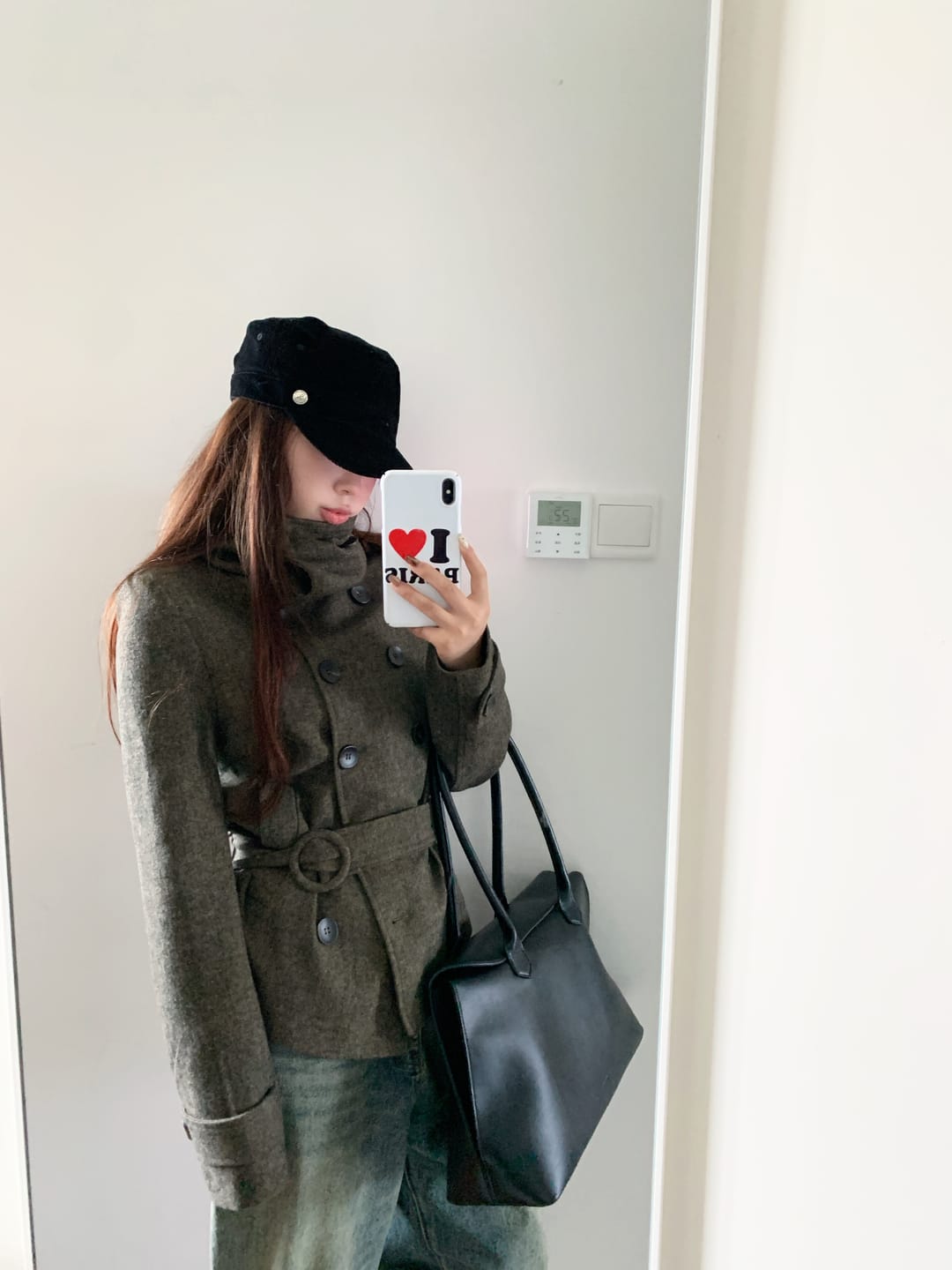 Customer photo review of IAMXIAA Wool-Like High Neck Belted Double-Breasted Jacket