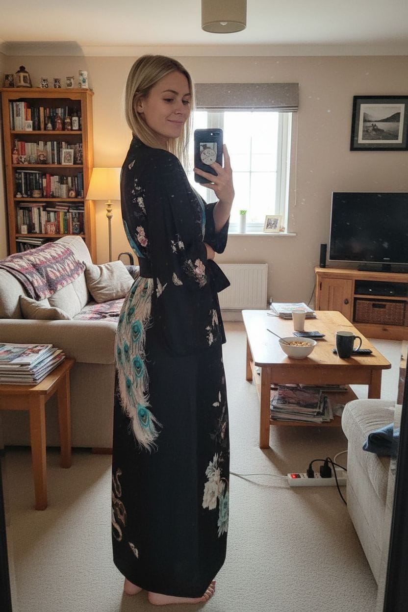 Customer photo review of Silk Kimono Dressing Gown Black | Royal Peacock