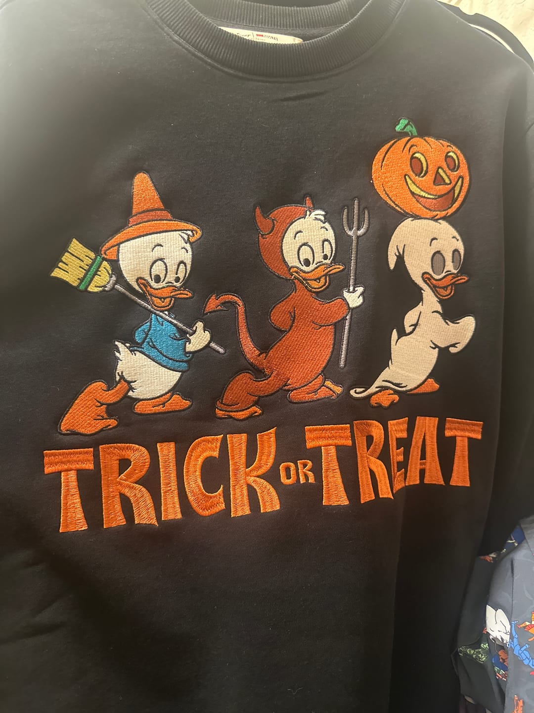 Customer photo review of Disney "Tricks, Treats, and Trouble" – Crewneck Sweatshirt