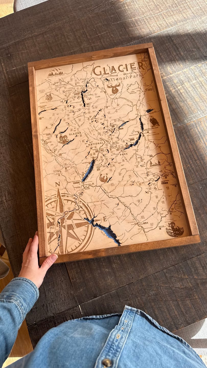 Customer photo review of Glacier National Park Topo Map Sign | Laser Engraved & Framed Wall Art