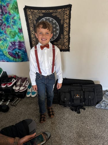 Customer photo review of Satin Terracotta Bow Tie & Terracotta Suspenders Set