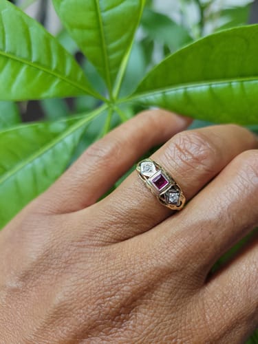 Customer photo review of Antique Art Deco 14k Yellow Gold Natural Diamond Synthetic Ruby Trio Ring 4.75