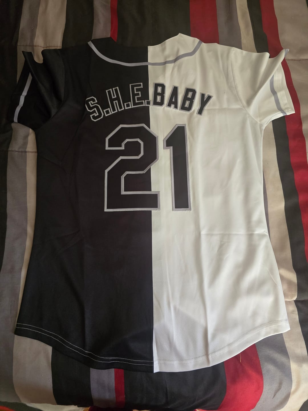 Customer photo review of Custom Black White-Old Gold Split Fashion Authentic Baseball Jersey