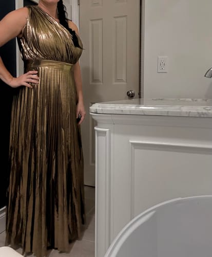 Customer photo review of Midnight Kiss Metallic Fabric One Shoulder Cutout Pleated Maxi Dress