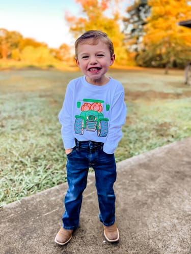 Customer photo review of Cluster Pumpkin Tractor White Long Sleeve Shirt