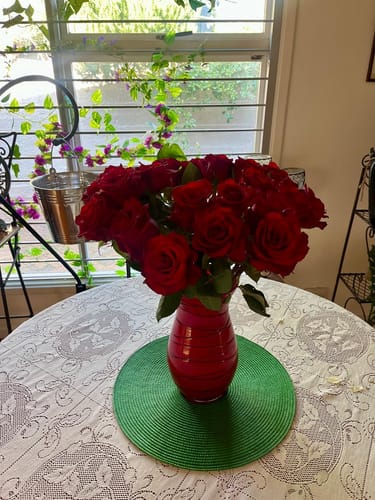 Customer photo review of Red Rose Greenery Bouquet