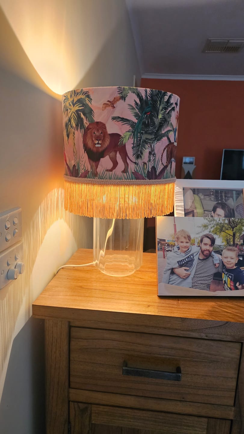 Customer photo review of Queen K Jungle Walk Pink Fringed Drum Lampshade