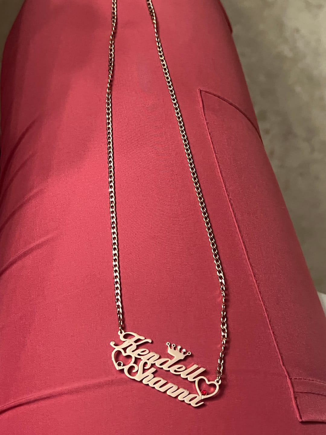 Customer photo review of Double Heart Name Necklace w/ Cuban Chain