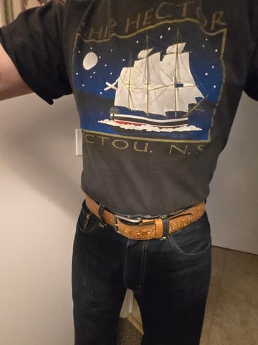 Customer photo review of The Wildlife Belt - Cognac Embossed Full Grain Leather Belt Made in Canada