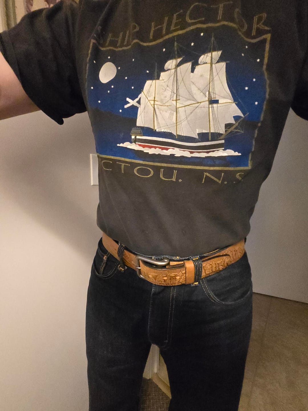 Customer photo review of The Wildlife Belt - Cognac Embossed Full Grain Leather Belt Made in Canada