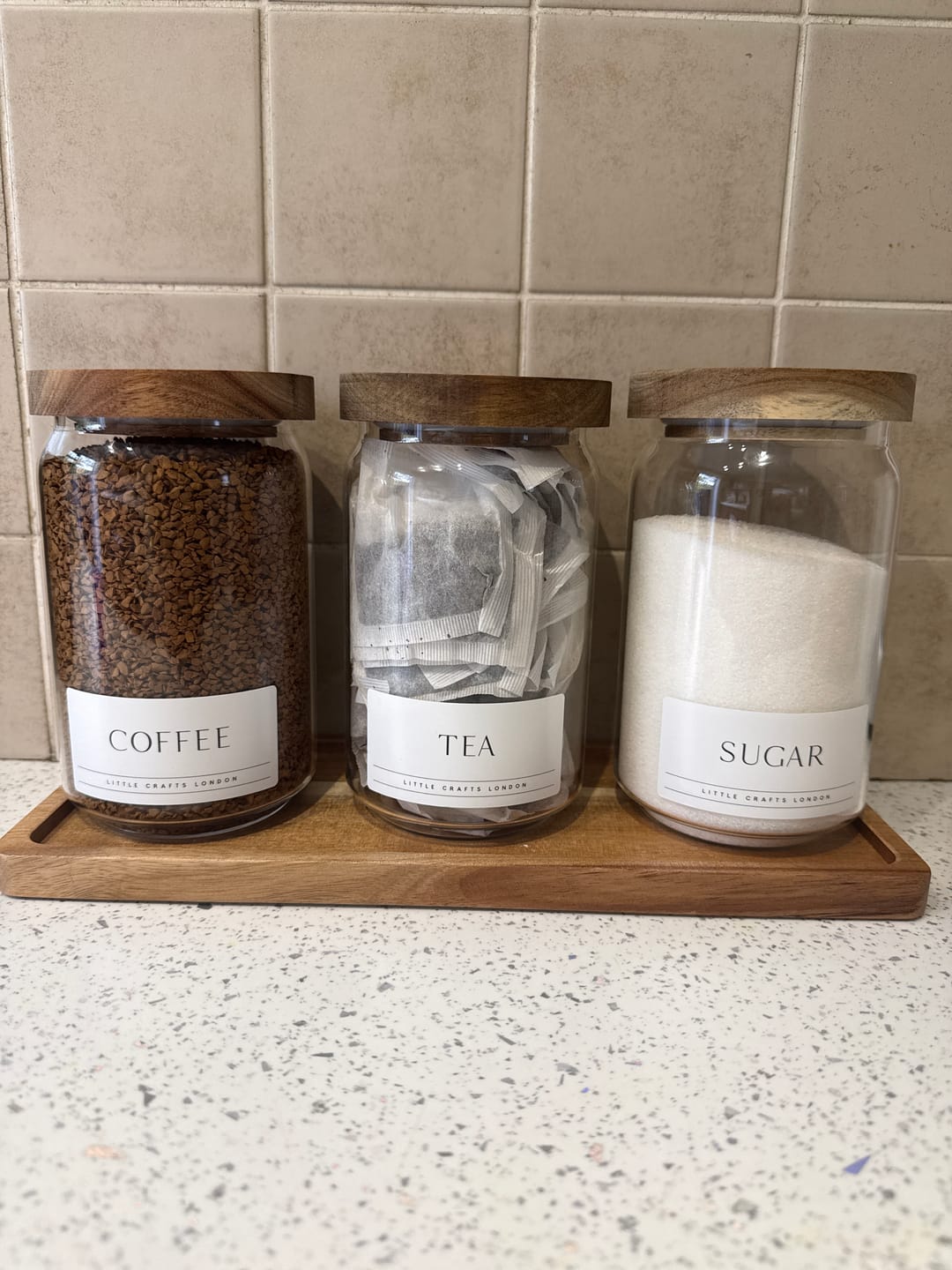 Customer photo review of Set of 3 Acacia Glass Jars Tea, Coffee and Sugar 750 ML & Rectangle Tray [LABEL SLIM]