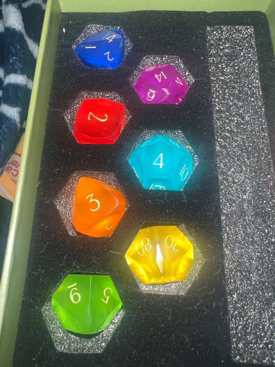 Customer photo review of URWizards D&D Resin Rainbow Candy Engraved Dice Set Multi-faceted Style