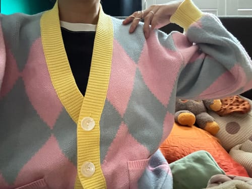 Customer photo review of Blue and Pink Argyle Cardigan