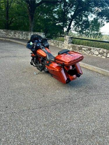 Customer photo review of HR3 Scorched Orange / Black Denim 5.5" Razor Style Tour Pack Luggage For 14-24 Harley Touring
