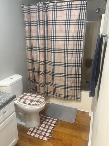 Customer photo review of Beige Tartan Pattern Print Polyester Shower Curtain