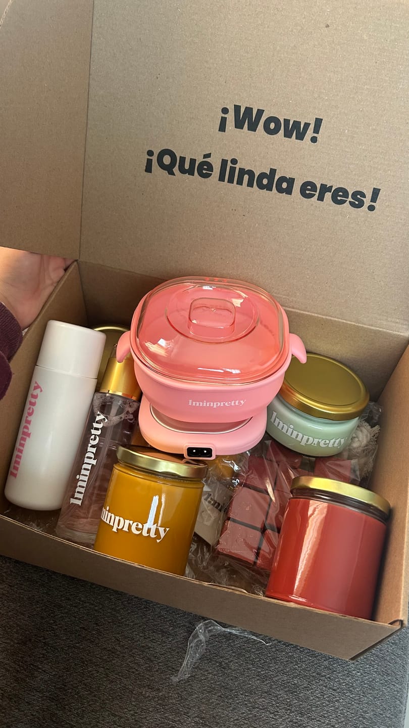 Customer photo review of Kit 1minpretty: 2 tarros de cera + fundidor + refill + exfoliante + crema pepino + agua rosas + talco para depilar con envío gratis mx