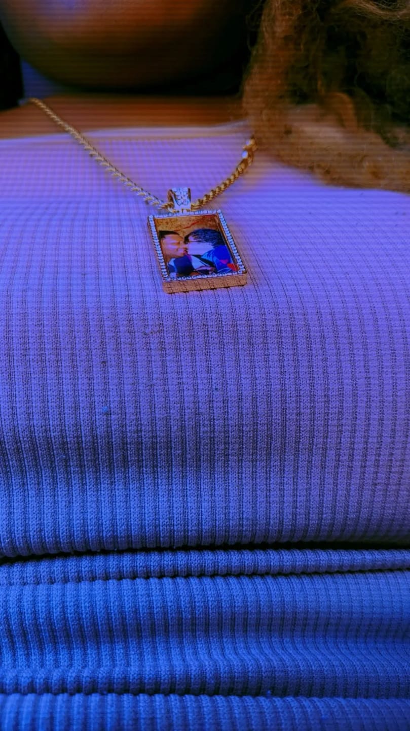 Customer photo review of Personalized Diamond Studded Colorful Photo Necklace