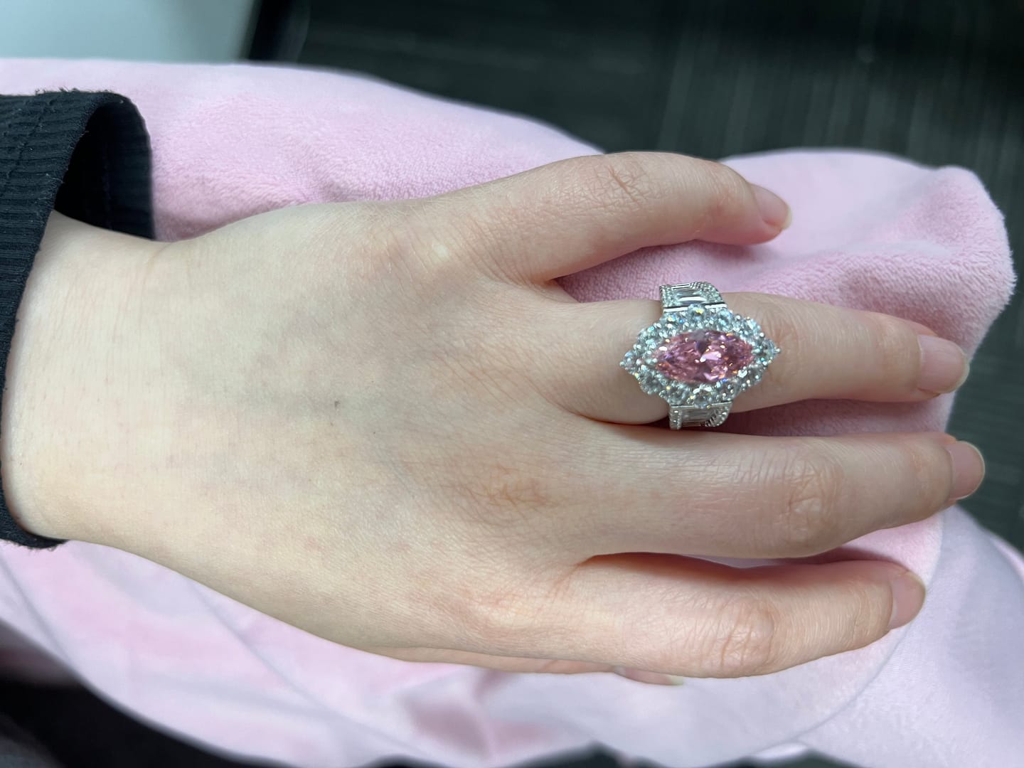 Customer photo review of Vintage 3.0Ct Pink Marquise Cut Halo Engagement Ring In Sterling Silver
