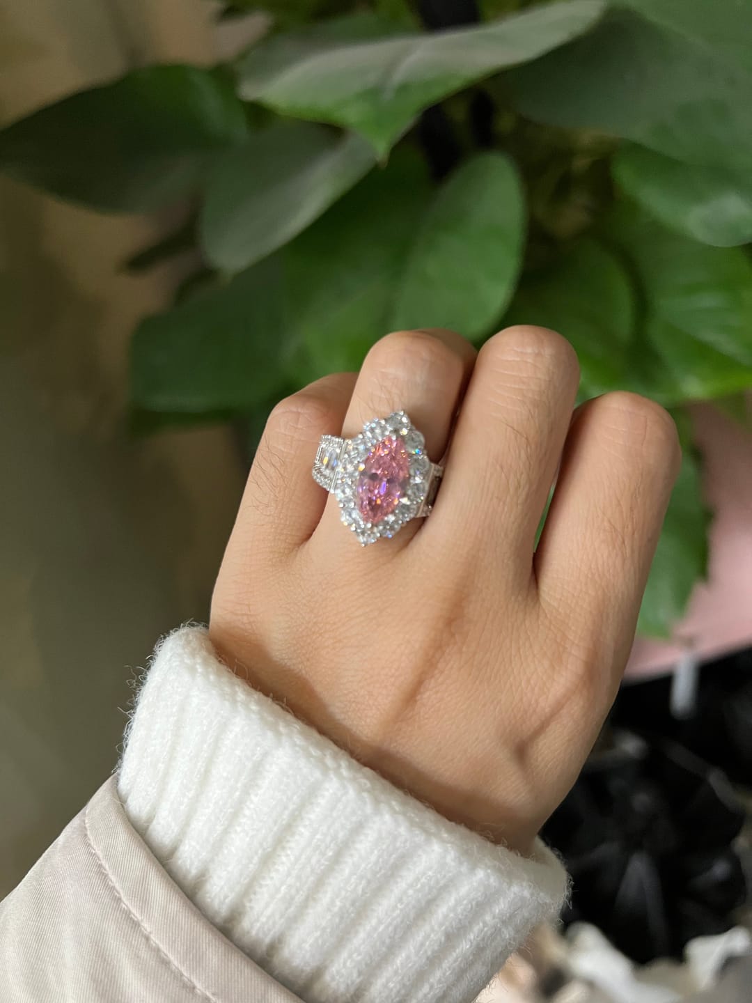 Customer photo review of Vintage 3.0Ct Pink Marquise Cut Halo Engagement Ring In Sterling Silver