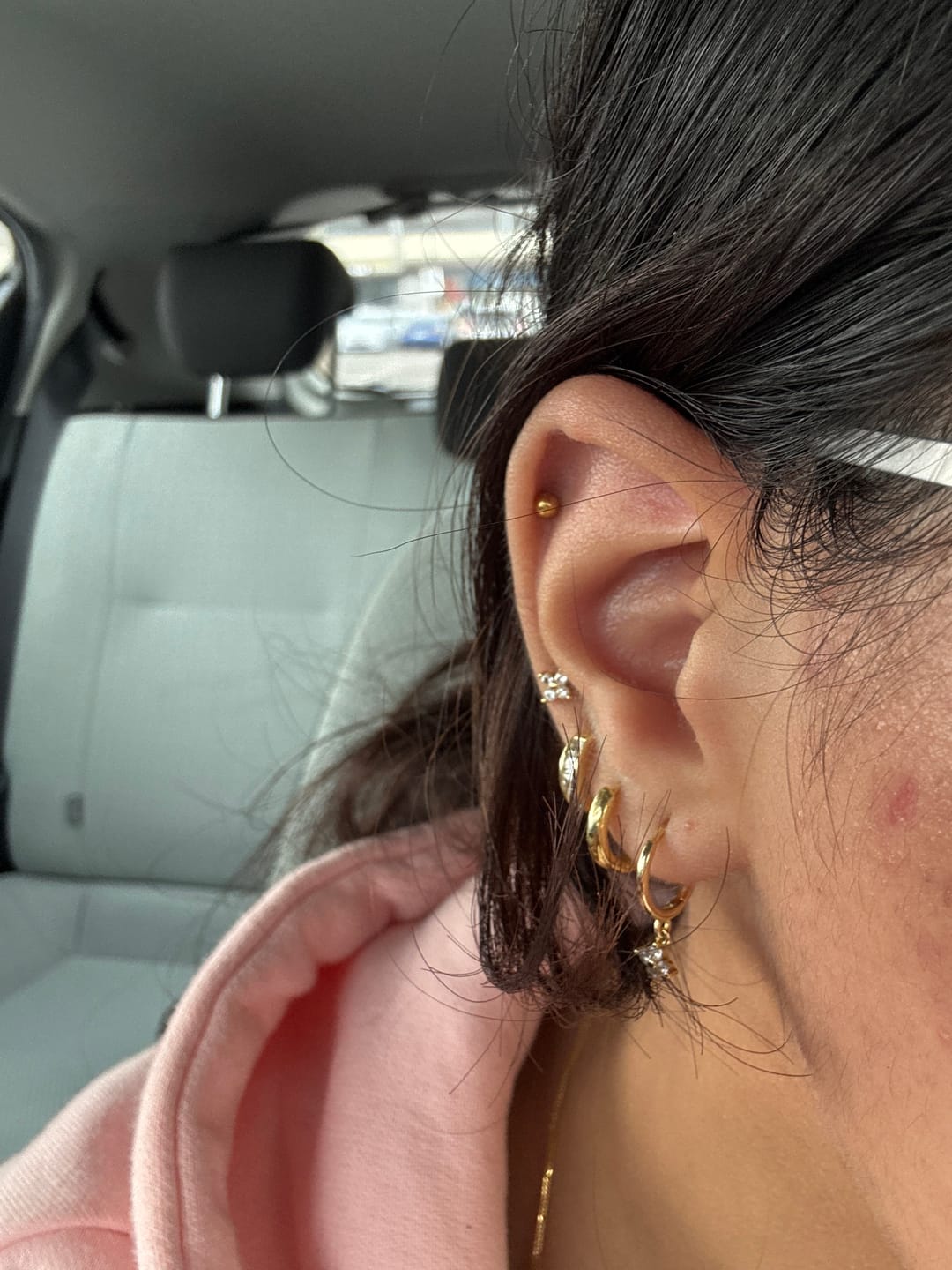 Customer photo review of Sapphire Inlay Huggie Earrings
