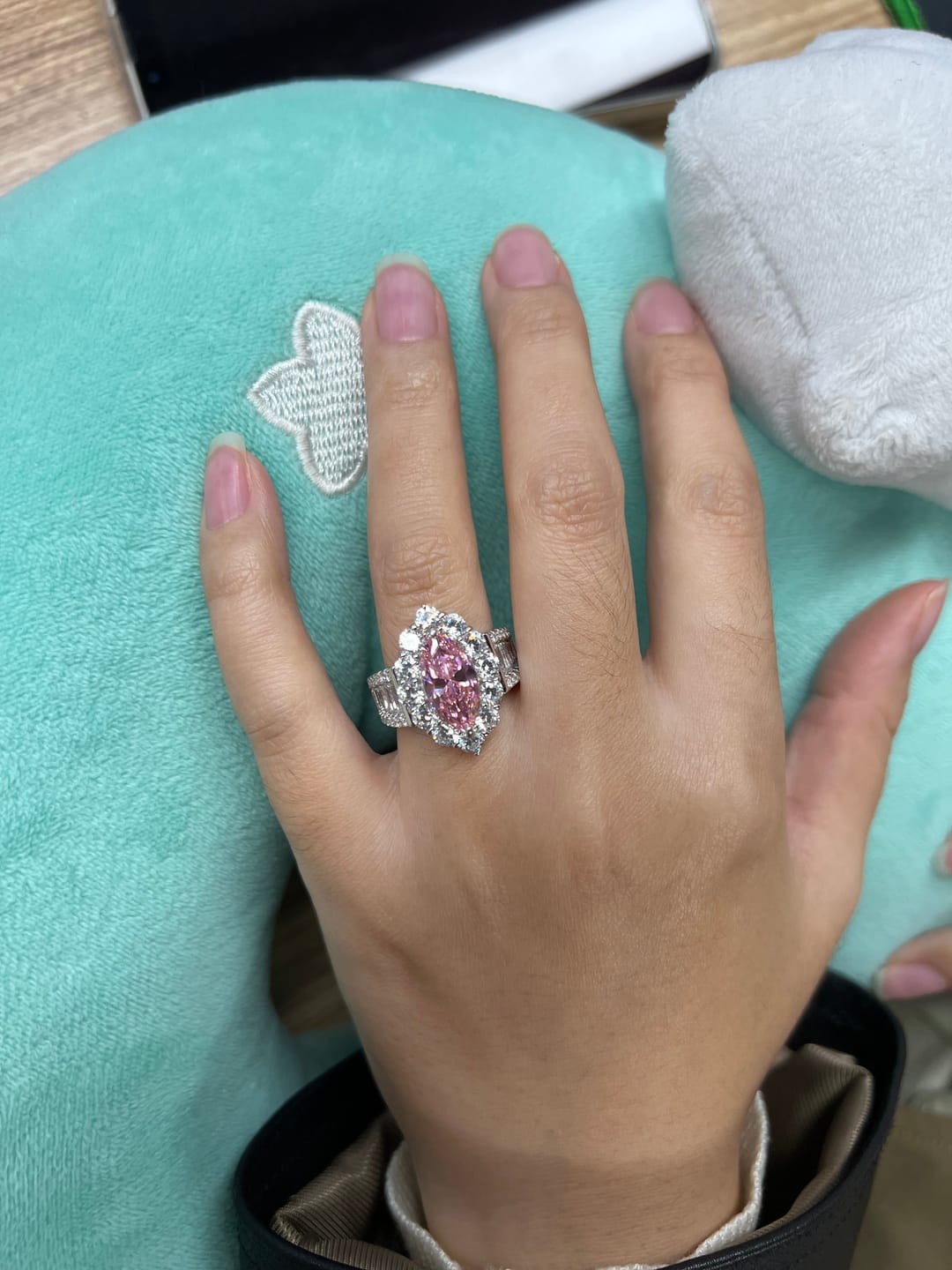 Customer photo review of Vintage 3.0Ct Pink Marquise Cut Halo Engagement Ring In Sterling Silver