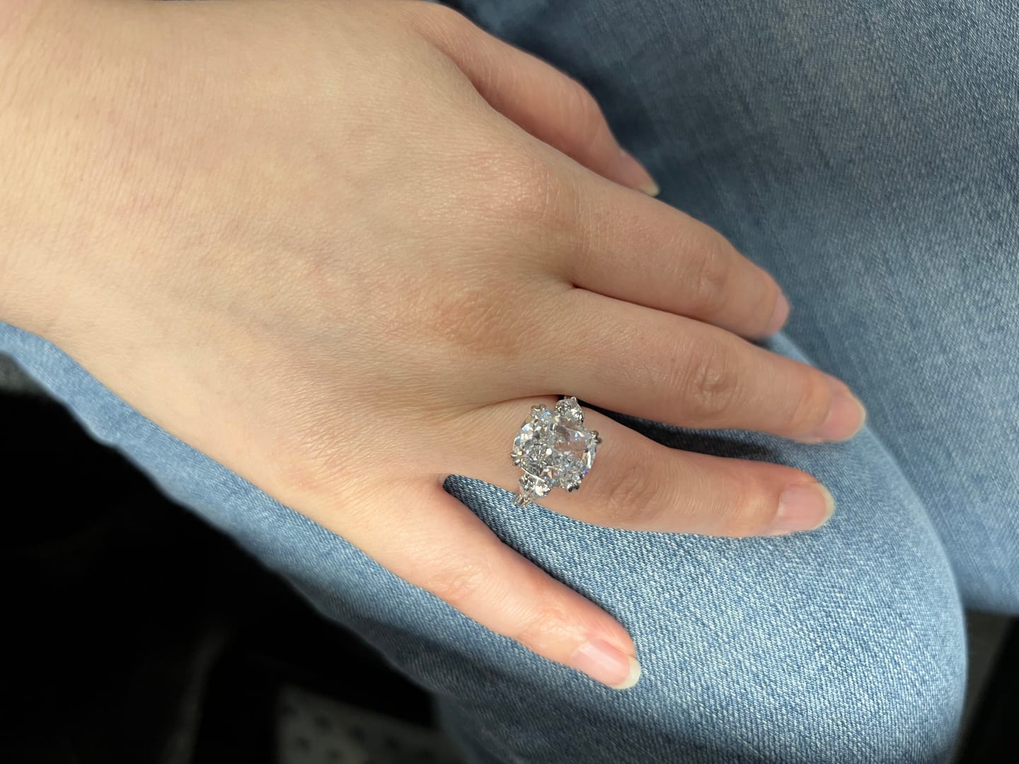 Customer photo review of S925 6.0Ct Cushion Cut Three Stone Engagement Ring Simulated or Moissanite Diamond Bridal Rings For Women