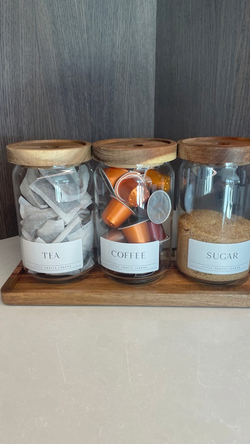 Customer photo review of Set of 3 Acacia Glass Jars Tea, Coffee and Sugar 750 ML & Rectangle Tray [LABEL SLIM]