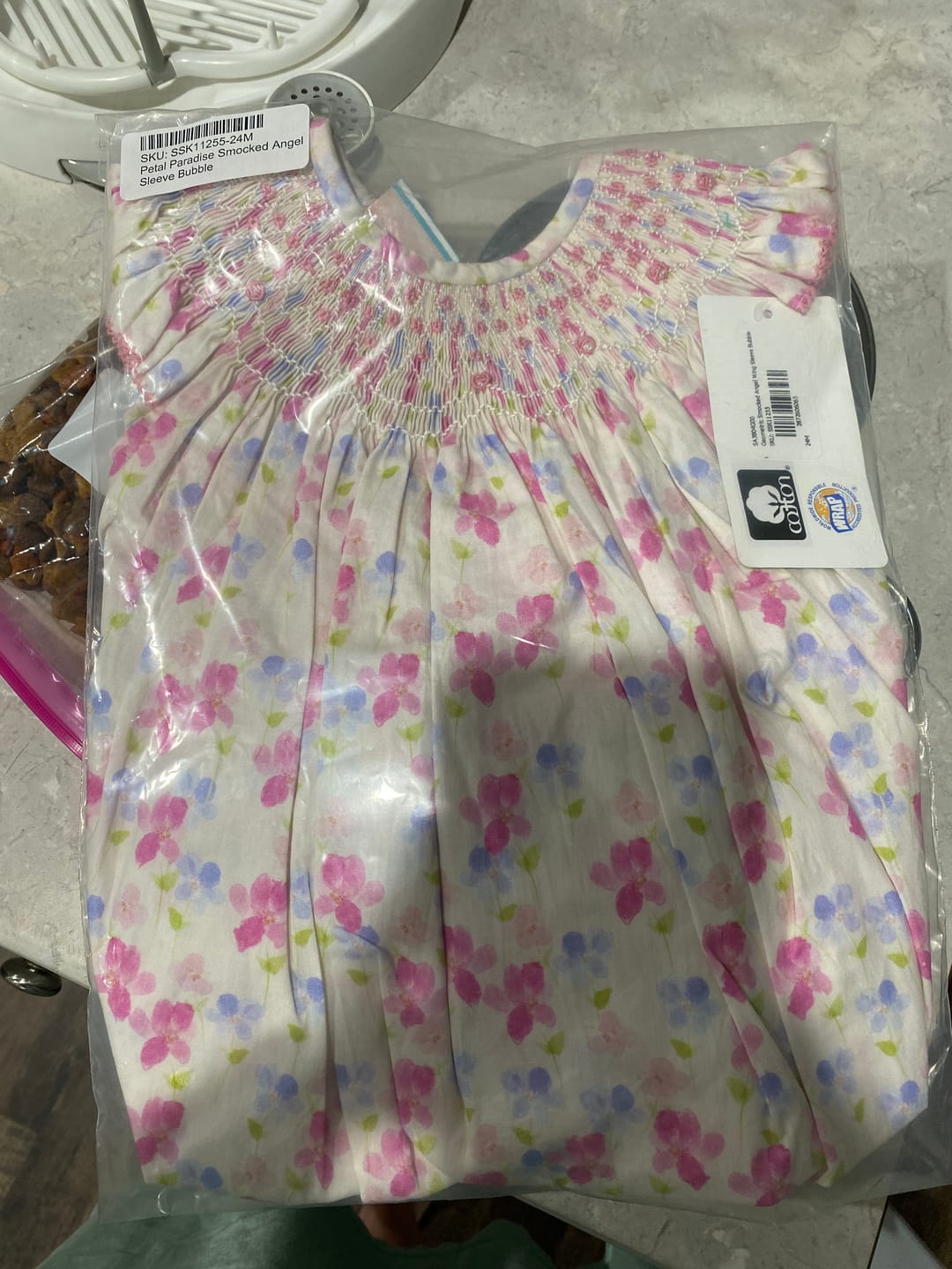 Customer photo review of Pink Cross and Vine Smocked Beverly Bubble