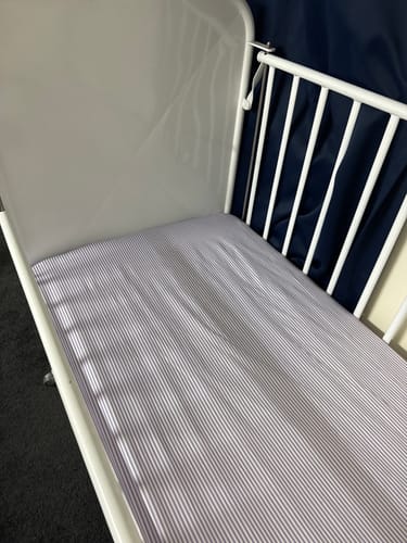 Customer photo review of European / Large Cot Waterproof Sheet - Lavender Stripe