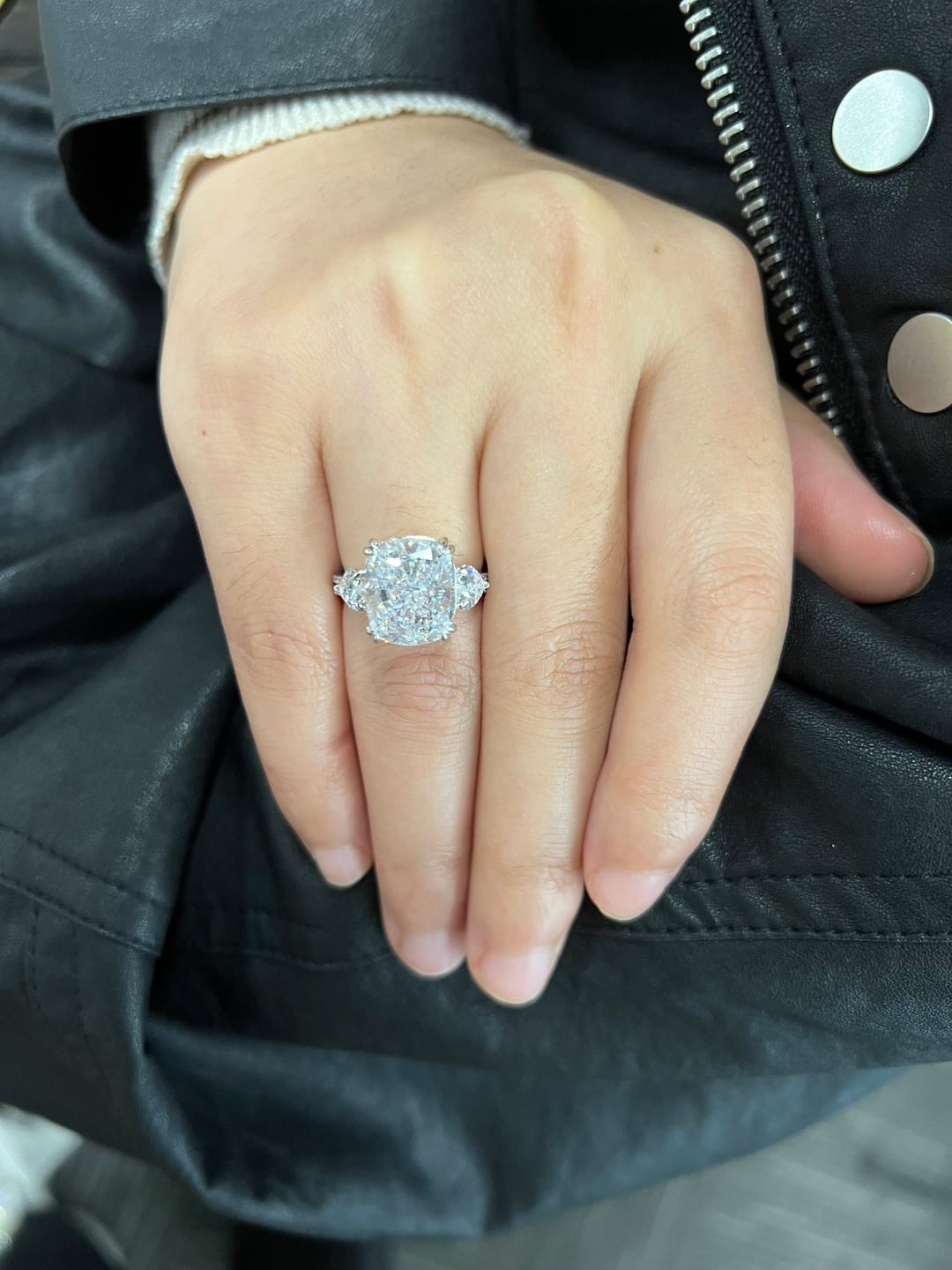 Customer photo review of S925 6.0Ct Cushion Cut Three Stone Engagement Ring Simulated or Moissanite Diamond Bridal Rings For Women