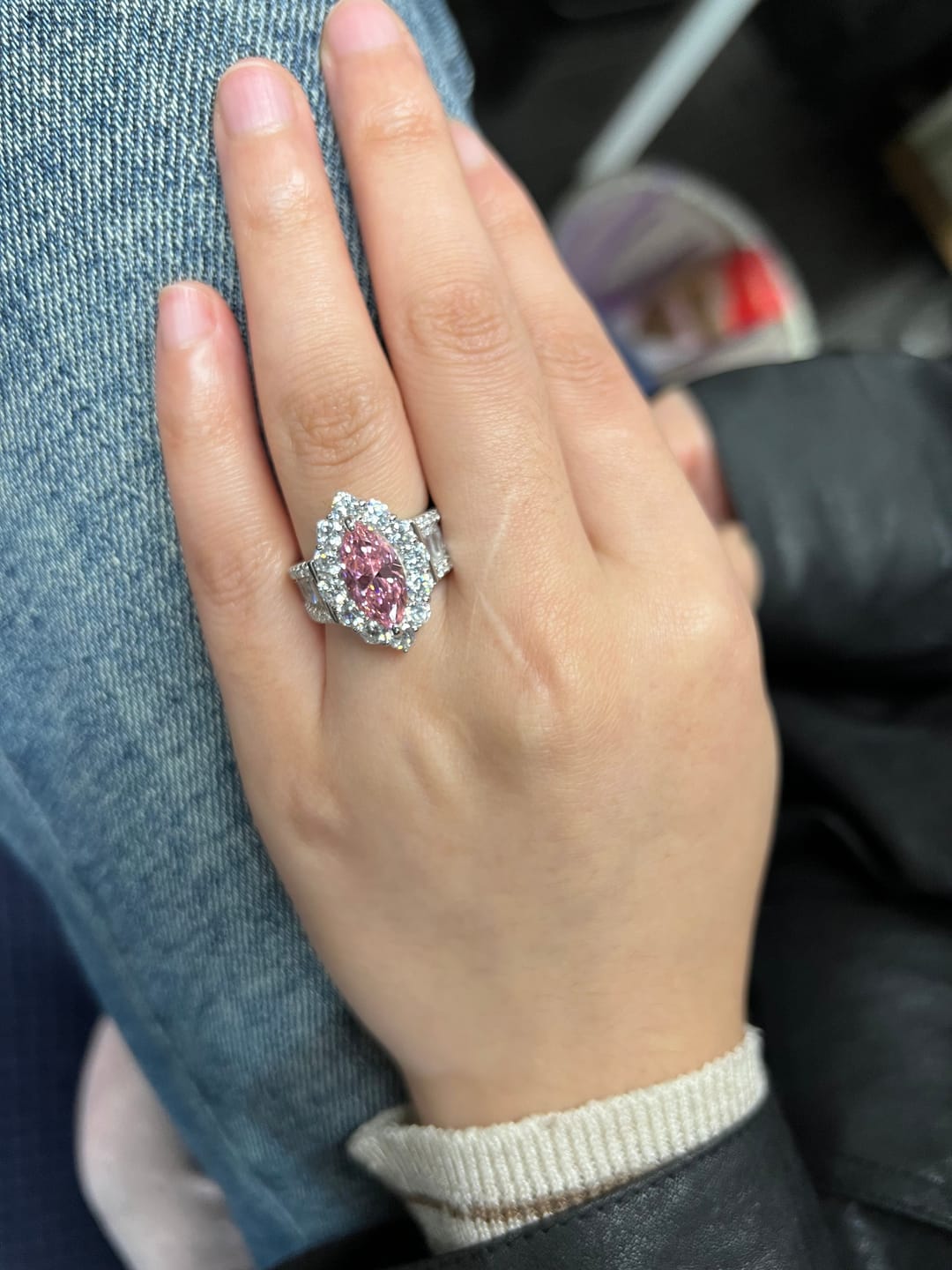 Customer photo review of Vintage 3.0Ct Pink Marquise Cut Halo Engagement Ring In Sterling Silver